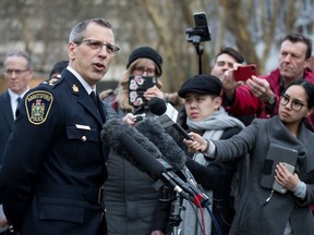Abbotsford Police Chief Mike Serr speaks to reporters outside B.C. Supreme Court after Oscar Arfmann was sentenced for the first-degree murder of Cnst. John Davidson, in New Westminster, B.C., on Monday.
