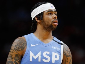 D'Angelo Russell of the Minnesota Timberwolves looks on against the Miami Heat during the second half at American Airlines Arena on Feb. 26, 2020, in Miami, Fla.