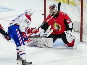 Montreal Canadien Artturi Lehkonen just misses against Ottawa Senators goaltender Craig Anderson.