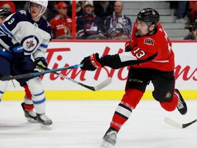 Ottawa's Nick Paul scores his goal during a game between the Ottawa Senators and the Winnipeg Jets on Feb. 20, 2020.