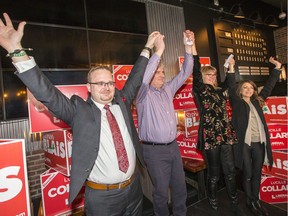 Stephen Blais (from left), John Fraser, Lucille Collard and Amanda Simard, all area Liberal MPPs, celebrate the election wins of Blais and Collard at the Crate & Crust Restaurant on Olgilvie Road as by-elections were held in Ottawa-Vanier and Ottawa-Orléans.