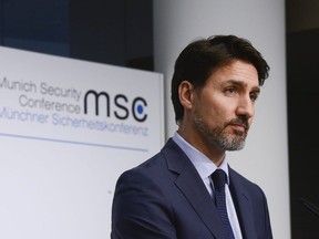 Prime Minister Justin Trudeau holds a closing press conference following the Munich Security Conference, in Munich, Germany, Friday, Feb. 14, 2020.