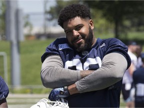 FILES: Argo's defensive tackle #90 Cleyon Laing at Argo practice in Toronto, Ont. on Wednesday July 5, 2017.