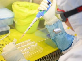 A worker in a protective suit examines specimens inside a laboratory following an outbreak of the novel coronavirus in Wuhan, China, on Feb. 6, 2020.