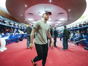 Montreal Canadiens Max Domi leaves the locker room after meeting the media at the Bell Sports Complex in Brossard on April 9, 2019. On Monday, the Canadiens restricted media access to the team's locker room over coronavirus fears.