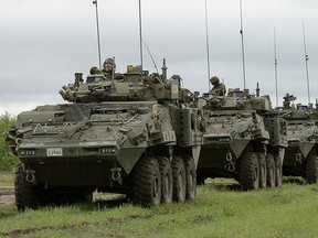 Promotional image, taken by the Canadian Forces and hosted on the General Dynamics website, Canadian Light Armoured Vehicles move in a convoy in an exercise.