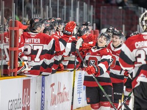 Ottawa 67’s Tommy Johnston celebrates after scoring his first OHL goal during last night’s win over the Niagara Ice Dogs. (VALERIE WUTTI PHOTO)