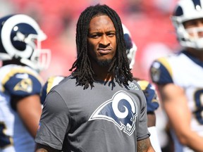 Running back Todd Gurley of the Los Angeles Rams walks on the field before the game against the San Francisco 49ers at Los Angeles Memorial Coliseum on October 13, 2019 in Los Angeles, California.