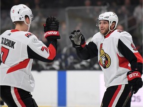 Bobby Ryan of the Ottawa Senators celebrates a goal with Brady Tkachuk.