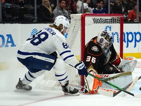 Anaheim Ducks goaltender John Gibson defends the net against Toronto Maple Leafs' William Nylander in the third period at Honda Center. The Ducks won 2-1. Kirby Lee-USA TODAY Sports