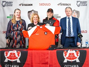 From left to right: British High Commissioner to Canada Susan Jane le Jeune d'Allegeershecque, MPP for Nepean and Minister of Tourism, Culture, and Sport Lisa MacLeod, Ottawa Aces chairman Eric Perez and RFL chairman Simon Johnson.