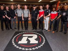 Ottawa Redblacks coaching staff (from left) Mike Benevides–Defensive Coordinator, Patrick Bourgon-Special Team and DB Assistant, Greg Knox–Defensive Backs Coach, Chris Tormey-Linebackers Coach, Paul LaPolice–Head Coach, Bob Wylie–Offensive Line Coach, Charlie Eger–Running Backs Coach, Steve Walsh–Quarterbacks Coach, Alex Suber–Receivers Coach, Bob Dyce–Special Teams Coordinator, Carey Bailey-Defensive Line Coach.