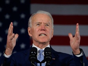 In this file photo taken on February 29, 2020 Democratic presidential candidate Joe Biden delivers remarks at his primary night election event in Columbia, South Carolina.