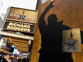 Signage at Hamilton An American Musical on Broadway on March 12 in New York.