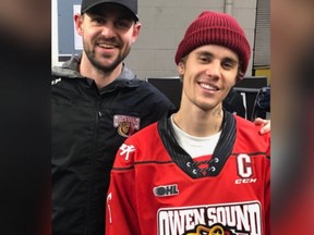 Pop superstar Justin Bieber posted this photo on Instagram with Joey Hishon, a fellow Stratford native and Owen Sound Attack legend, while wearing the OHL team's jersey