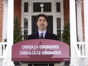 Files: Prime Minister Justin Trudeau addresses Canadians on the COVID-19 pandemic from Rideau Cottage in Ottawa on Thursday, March 26, 2020.