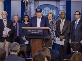 U.S. President Donald Trump speaks in the press briefing room at the White House in Washington, D.C., on Saturday, March 14, 2020.