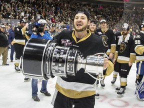 Sam Jardine hoists the Kelly Cup after winning the ECHL championship with the Newfoundland Growlers on Tuesday, June 4, 2019. (Jeff Parsons/Newfoundland Growlers)