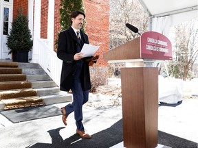 Canada's Prime Minister Justin Trudeau attends a news conference at Rideau Cottage as efforts continue to help slow the spread of coronavirus disease (COVID-19) in Ottawa, Ontario, Canada March 27, 2020.  REUTERS/Blair Gable ORG XMIT: GGG-OTW107