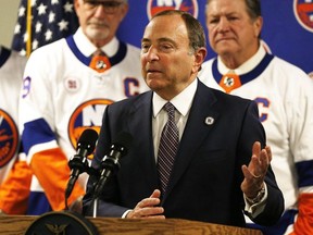 NHL commissioner Gary Bettman addresses the media announcing that the Islanders will play all this years playoff games and all next years home games at the Nassau Colisuem prior to the game against the Boston Bruins at Nassau Veterans Memorial Coliseum.