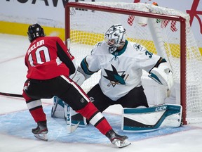 Oct 27, 2019: Senators left wing Anthony Duclair (10) scores against  San Jose Sharks goalie Martin Jones (31) in the third period at the Canadian Tire Centre.