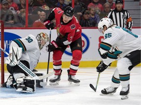 Oct 27, 2019:  San Jose Sharks goalie Aaron Dell (30) makes a save on a shot from Ottawa Senators left wing Brady Tkatchuk (7) in the second period at the Canadian Tire Centre.