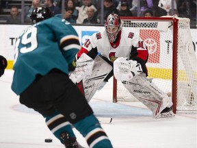 Ottawa Senators goaltender Craig Anderson defends his goal against the San Jose Sharks during overtime at SAP Center at San Jose on Saturday, March 7, 2020.