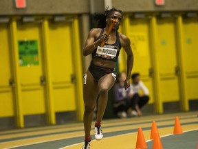 University of Guelph Gryphons’ sprinter Shyvonne Roxborough of Ottawa has won 13 individual and relay gold and two silver medals in her four-year OUA and U Sports indoor track and field career.  Nina Barroso/photo