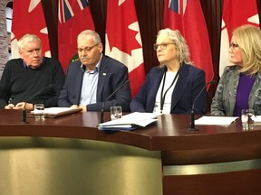 OCHU/CUPE president Michael Hurley, from left, OPSEU President Warren 'Smokey' Thomas, Ontario Nurses' Association president Vicki McKenna and SEIU President Sharleen Stewart speak to reporters at Queen's Park on Friday, March 13, 2020. (Antonella Artuso/Toronto Sun)