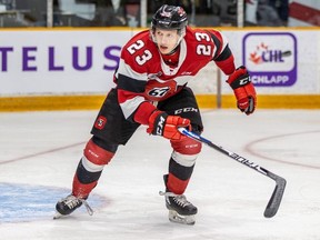Marco Rossi of the Ottawa 67's pursues the puck against the Niagara IceDogs during an Ontario Hockey League game at the arena at TD Place in Ottawa on Tuesday, March 10, 2020. Ottawa won the game 9-1.