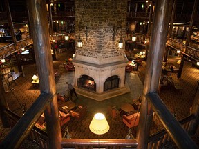 The centrepiece of Fairmont Château Montebello, which claims to the world's largest log building, is a massive stone fireplace that towers three storeys high.