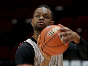 Lloyd Pandi, seen here during practice at TD Place arena on Wednesday, is only the second Carleton player to win the U Sports men's basketball rookie of the year award. The first was Philip Scrubb in 2011.