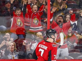 Ottawa Senators fans celebrate a Brady Tkachuk goal.