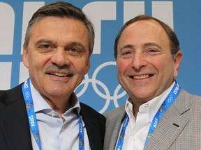 IIHF president Rene Fasel and NHL commissioner Gary Bettman pose together in 2014.