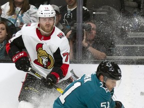 Ottawa Senators forward Chris Tierney (left) scored the game winner against his old team, the San Jose Sharks, on Saturday night at SAP Center.