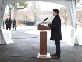 Prime Minister Justin Trudeau speaks during a news conference on the COVID-19 situation from his residence on Tuesday.