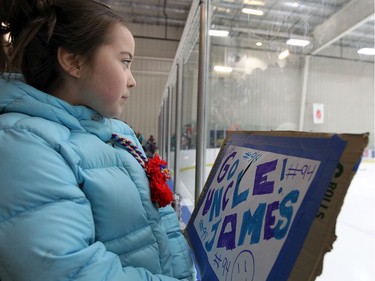 YELLOWKNIFE, N.W.T. NOVEMBER 18,  2012 --- A number of Ottawa Senators and other NHL players arrived in Yellowknife in the Northwest Territories Sunday to begin their Northern Lights Dream Tour, which will include three exhibition games in Yellowknife, Inuvik, and Whitehorse (Yukon). Here, eight-year-old Marie Carpenter cheers on her uncle, James William, who was brought in to play in the game.