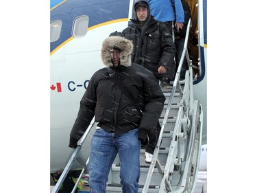 YELLOWKNIFE, N.W.T. NOVEMBER 18,  2012 --- A number of Ottawa Senators and other NHL players arrived in Yellowknife in the Northwest Territories Sunday to begin their Northern Lights Dream Tour, which will include three exhibition games in Yellowknife, Inuvik, and Whitehorse (Yukon). Here,  Ottawa Senator Chris Neil dressed for the weather, all suited up in his parka as he gets off the plane in Yellowknife.