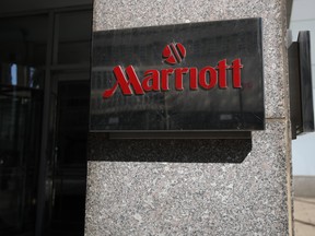 A detailed view of the exterior of the New York Marriott at the Brooklyn Bridge on March 27, 2020 in the Brooklyn Heights neighbourhood of the Brooklyn borough of New York City. (Justin Heiman/Getty Images)