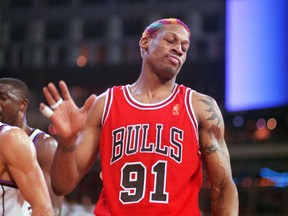 Chicago's Dennis Rodman reacts as he's ejected in the closing minutes of the game.