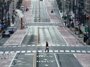 A deserted 42nd St. is seen in midtown New York City on April 19, 2020 during the COVID-19 pandemic.