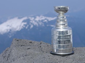 The Stanley Cup sits on a rocky bluff at the top of Mount Benedict, British Columbia, Canada.
