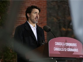 Canadian Prime Minister Justin Trudeau speaks during a news conference on the COVID-19 pandemic in Canada from his residence March 29, 2020 in Ottawa.