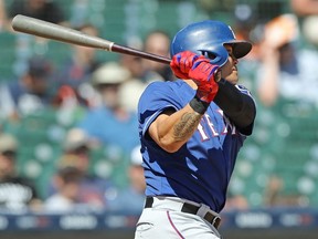 Shin-Soo Choo of the Texas Rangers hits against the Detroit Tigers at Comerica Park on July 8, 2018 in Detroit. (Leon Halip/Getty Images)