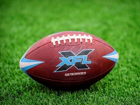 A view of an XFL football on the field before the game between the Dallas Renegades and the St. Louis Battlehawks at Globe Life Park.