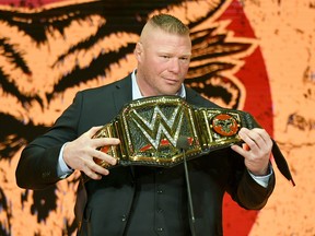 WWE champion Brock Lesnar is introduced at a WWE news conference at T-Mobile Arena on October 11, 2019 in Las Vegas, Nevada. (Ethan Miller/Getty Images)