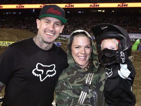 Carey Hart, P!nk and Jameson Moon Hart attend the Monster Energy Supercross VIP Event at Angel Stadium on January 18, 2020 in Anaheim, California. (Ari Perilstein/Getty Images for Feld Entertainment, Inc.)