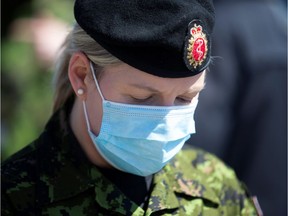 File photo/ Canadian Armed Forces (CAF), Lt. Cmdr. Heather Galbraith, is seen after speaking with the media at Villa Val des Arbres, a seniors' long-term care centre, as they arrive to help amid the outbreak of the coronavirus disease (COVID-19), in Montreal, Quebec, Canada April 20, 2020.