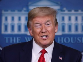 U.S. President Donald Trump says that when fans are eventually allowed to watch their favourite sports teams live, 'maybe they'll be separated by two seats, and then ultimately we want to have packed arenas when the virus is gone.'