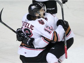 Hitmen Mark Kastelic is seen celebrating a goal during the 1st period of action as the Calgary Hitmen host the Regina Pat at the Saddledome. Wednesday, February 12, 2020. Brendan Miller/Postmedia